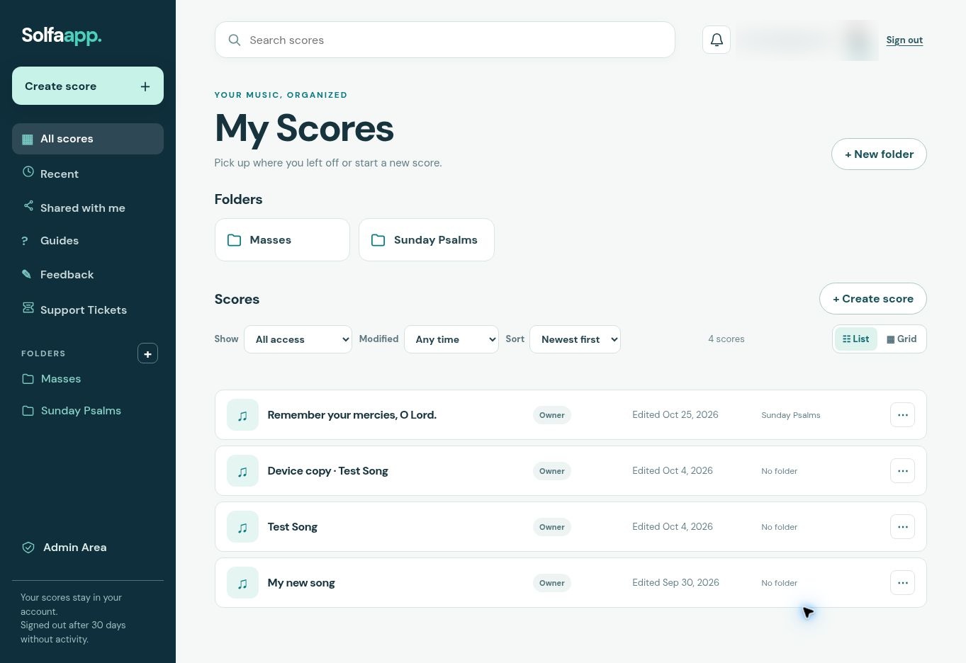 Actual My Scores dashboard showing folders, filters, and score list