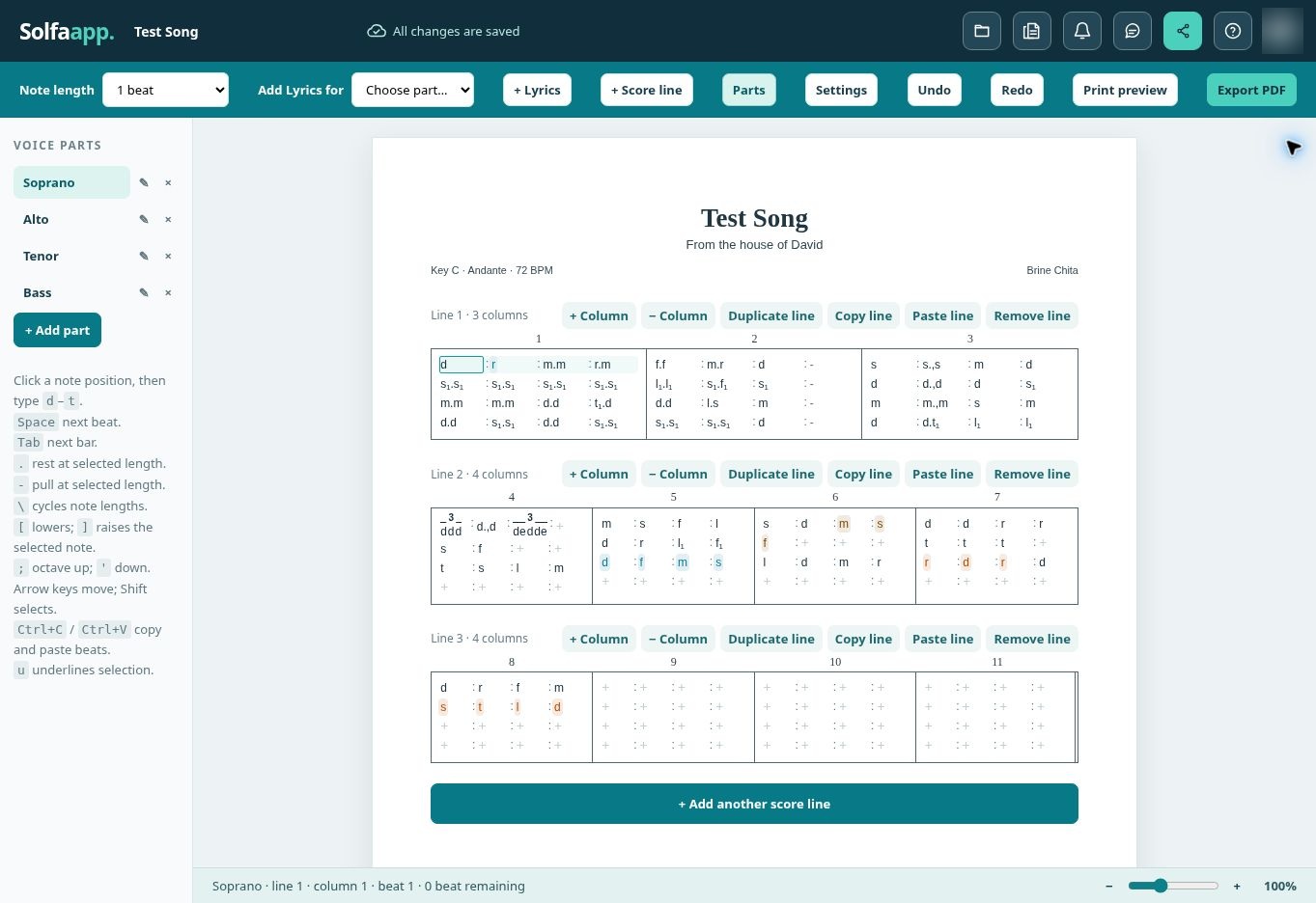 Actual Solfaapp editor showing voice parts, note lengths, and a tonic solfa score